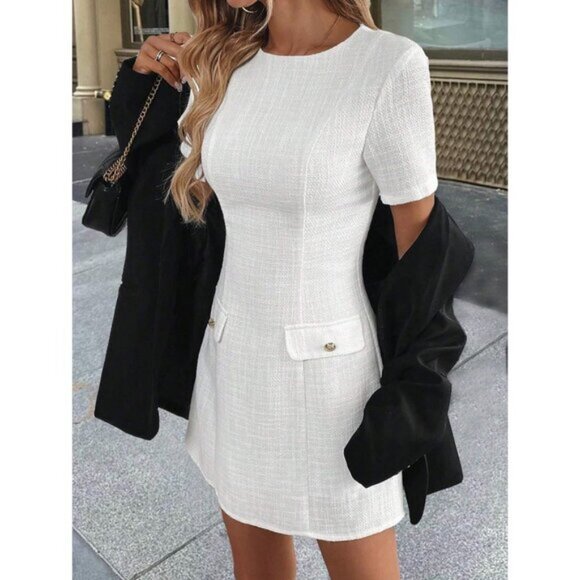White Short Sleeve Mini Dress tweed Business Minimalist Plazacore - Picture 1 of 2
